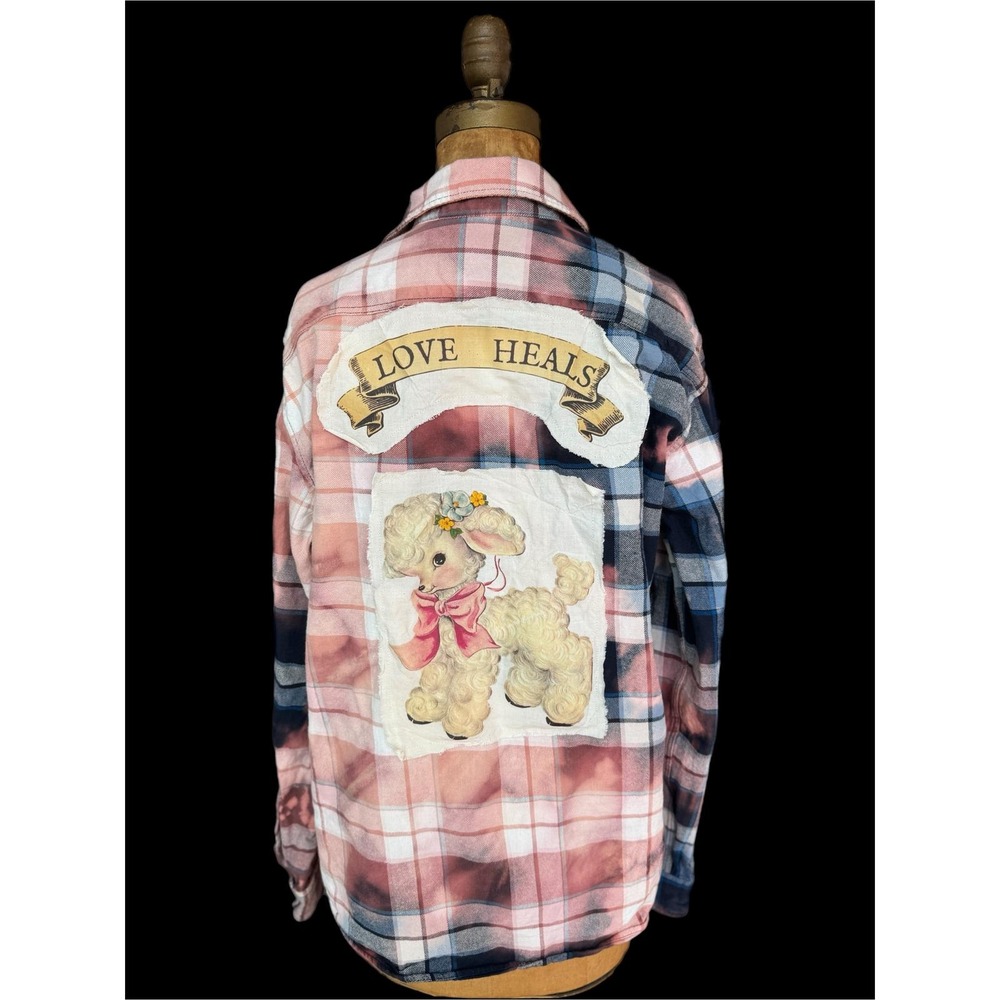 Upcycled Patchwork Flannel Shirt Large | Love Heals Lamb Folk Art - Picture 3 of 7